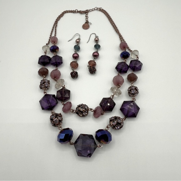 Vintage Liz Claiborne Elegant Sparkly Purple Beaded Necklace and Earring Set - Picture 1 of 9